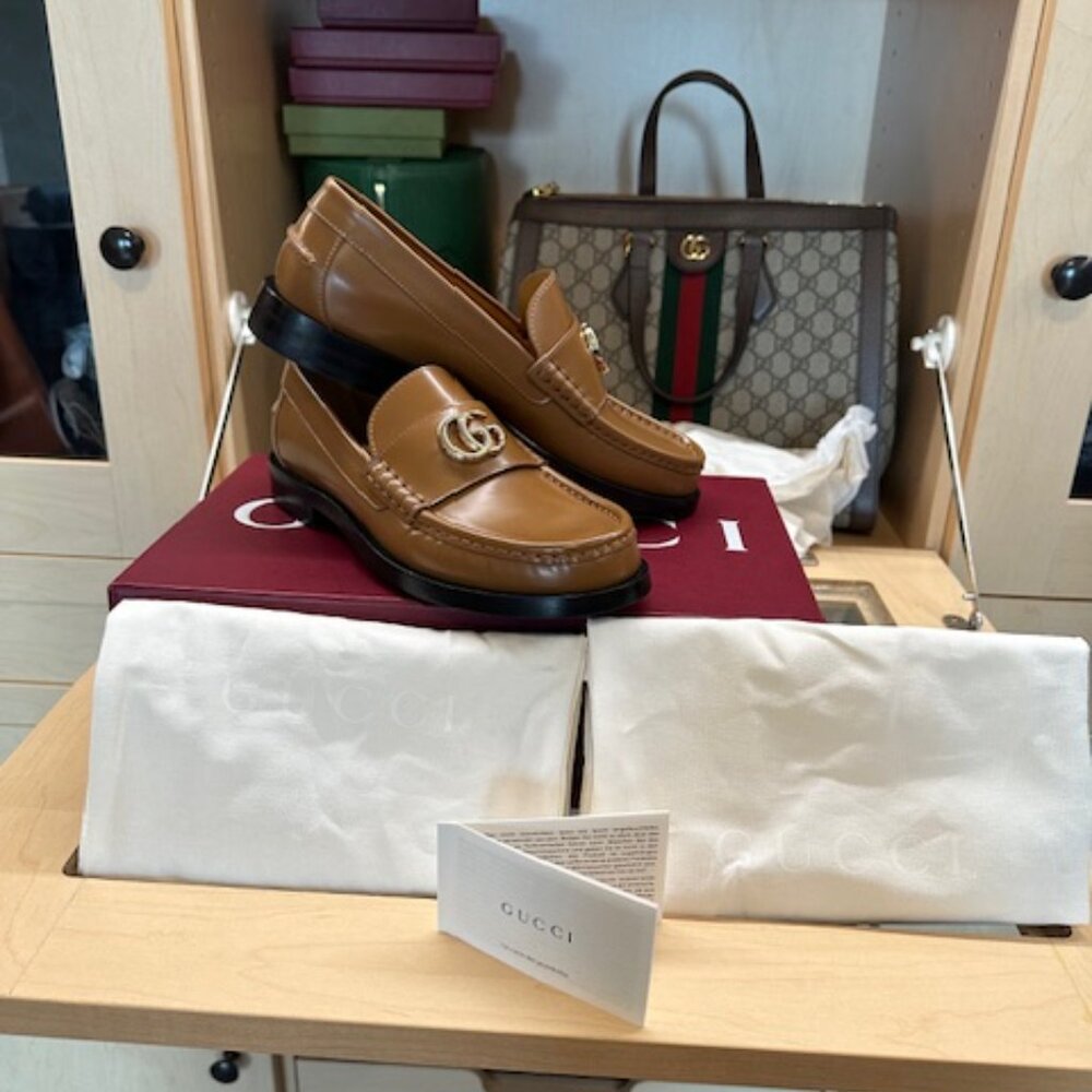 Gucci Brown Size 36.5 Interlocking G Logo Leather Loafers Brand New In Box